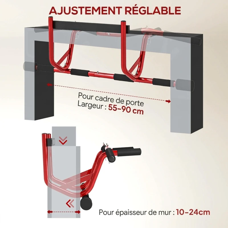 SPORTNOW Barre de Traction Porte et Pompes au Sol Sans Perçage Pull Up Bar 2 en 1 150 kg Sécurité Anti-Chute 96x45x27cm Rouge