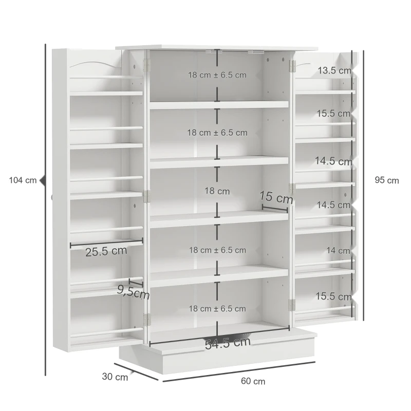 HOMCOM Dulap de bucătărie modern cu 12 rafturi pentru condimente pe uși, rafturi reglabile, 2 uși, 60x30x104 cm, alb