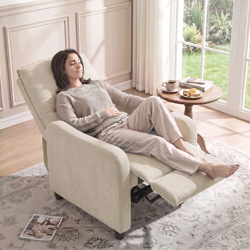 HOMCOM Manuell verstellbarer Relaxsessel bis 155° mit Leinenoptik-Stoff, Fußstütze, Taschenfedern, dicker Polsterung, Creme