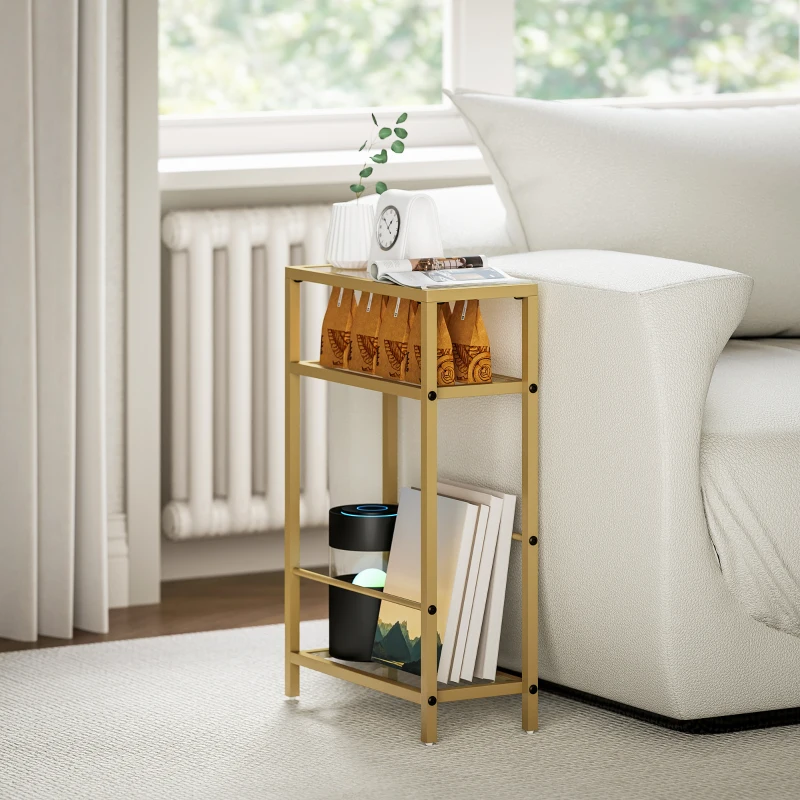 HOMCOM 3-Tier Side Table, Narrow End Table with Storage Shelf and Tempered Glass Tabletop for Small Spaces, Bedroom, Living Room, Entryway, Gold Tone