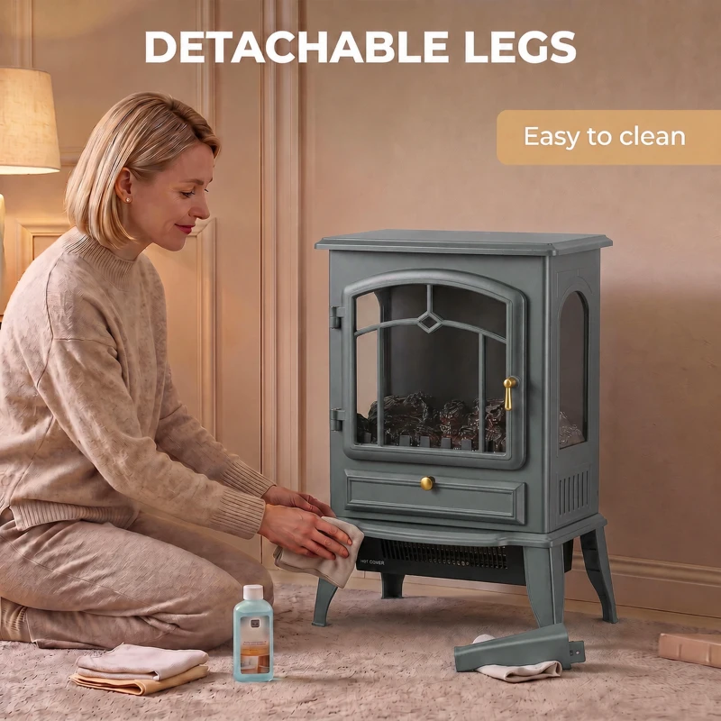 HOMCOM Electric Fireplace Stove, 1000/2000W 3-Sided Freestanding Fireplace Heater with 3D Flame Log, Thermostat, Grey