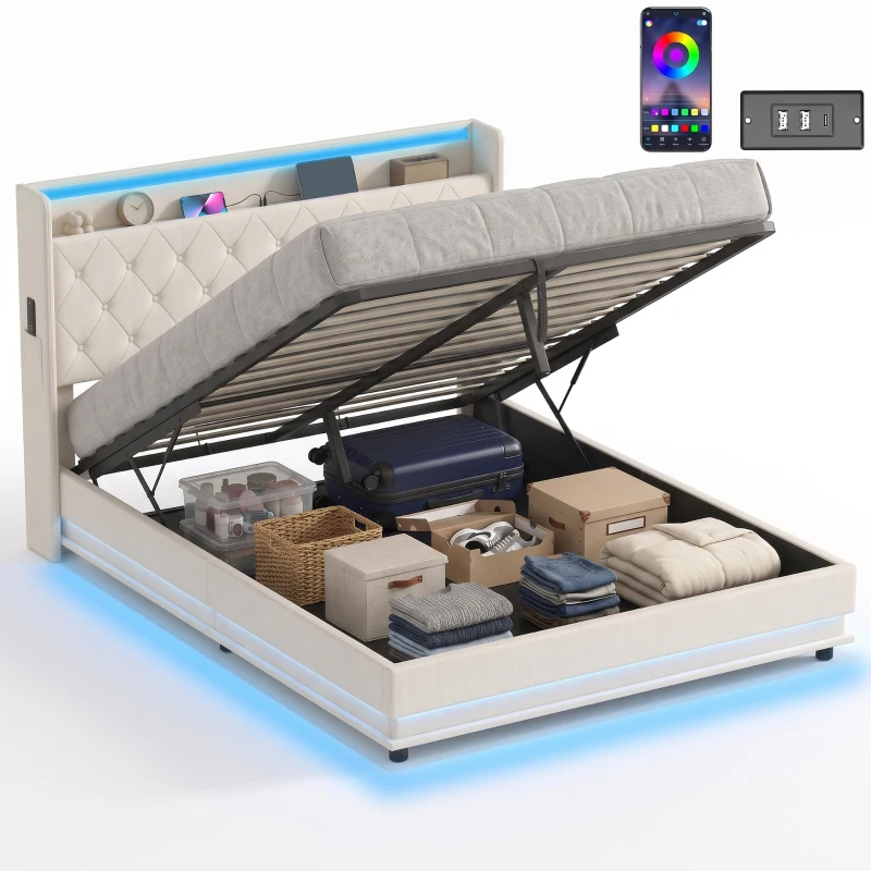 HOMCOM 5ft King Bed Frame with Headboard, Platform Bed Frame with Hydraulic Storage, LED Lights and Charging Station, White