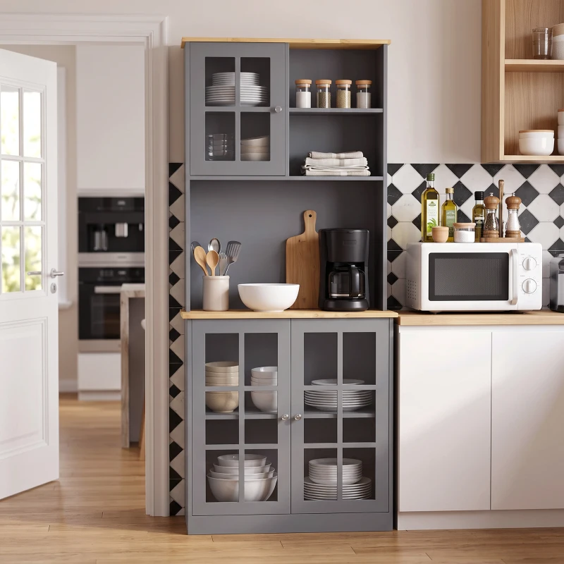 HOMCOM Kitchen Pantry, Buffet Hutch with 3 Storage Cabinets, 2 Open Shelves and Large Countertop for Kitchen, Grey