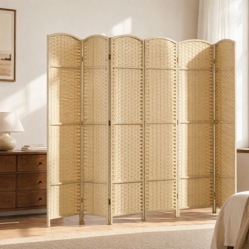 HOMCOM Paravent interieur en bois 6 panneaux 240 x 170 cm séparateur de pièce pliable pour salon, chambre à coucher, naturel