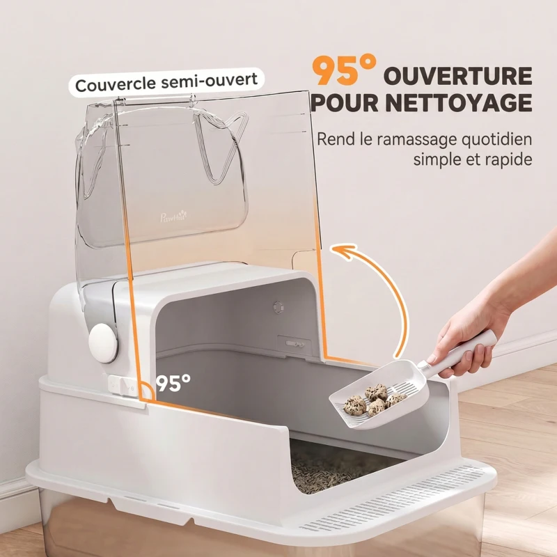 PawHut Bac à Litière pour Chat en Acier Inox avec Couvercle 3 en 1 Bords Hauts Pelle et Sacs Anti-Odeur XL 70x50x46cm Blanc