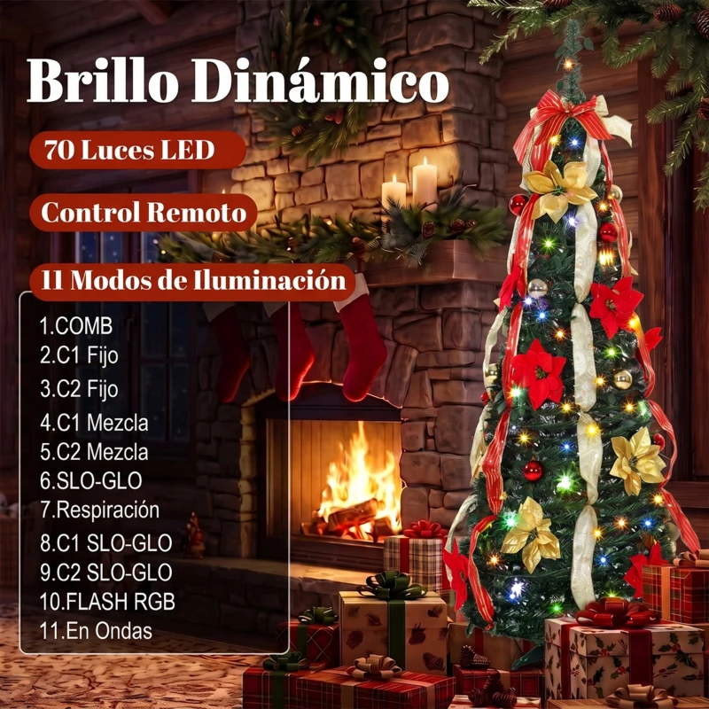 HOMCOM Árbol de Navidad Desplegable 150 cm con 70 Luces LED 11 Modos Mando a Distancia y Decoración Incluida Verde