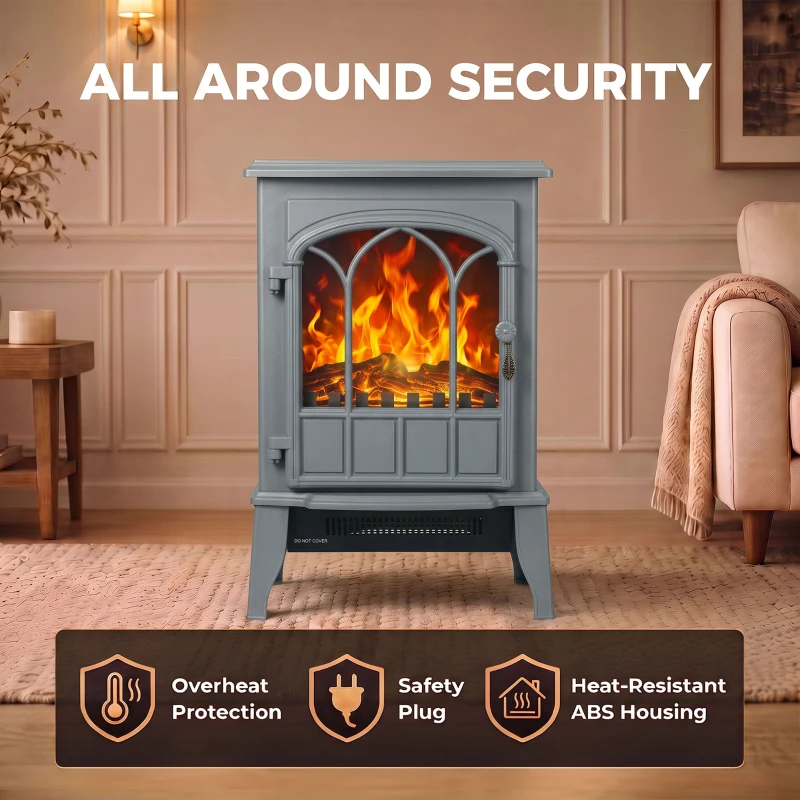HOMCOM Freestanding Electric Fireplace, Electric Log Burner with LED Flame Effect, Overheating Safety System, 1000W/2000W Grey
