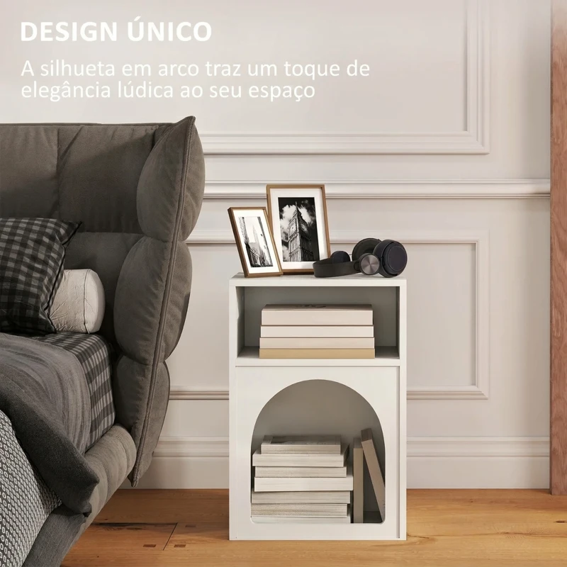HOMCOM Mesa de Cabeceira Estreita com 2 Compartimentos Abertos, Design em Arco, 40x30x60 cm, Branco
