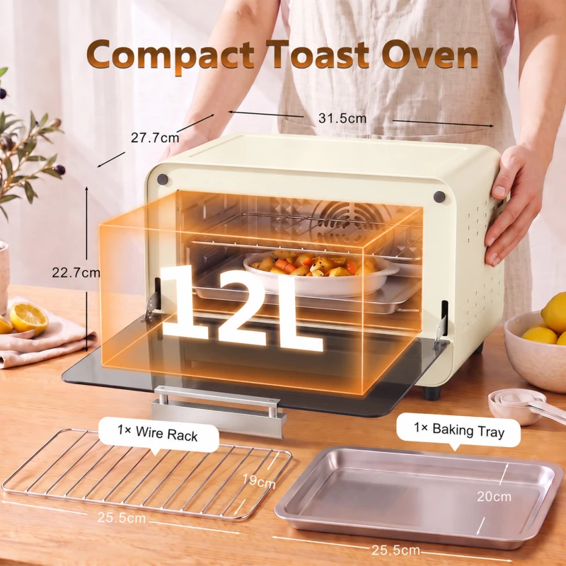 HOMCOM Mini Oven, Small Toaster Oven with Glass Door, Adjustable Temperature and Timer, Accessory Included, 750W, Cream White