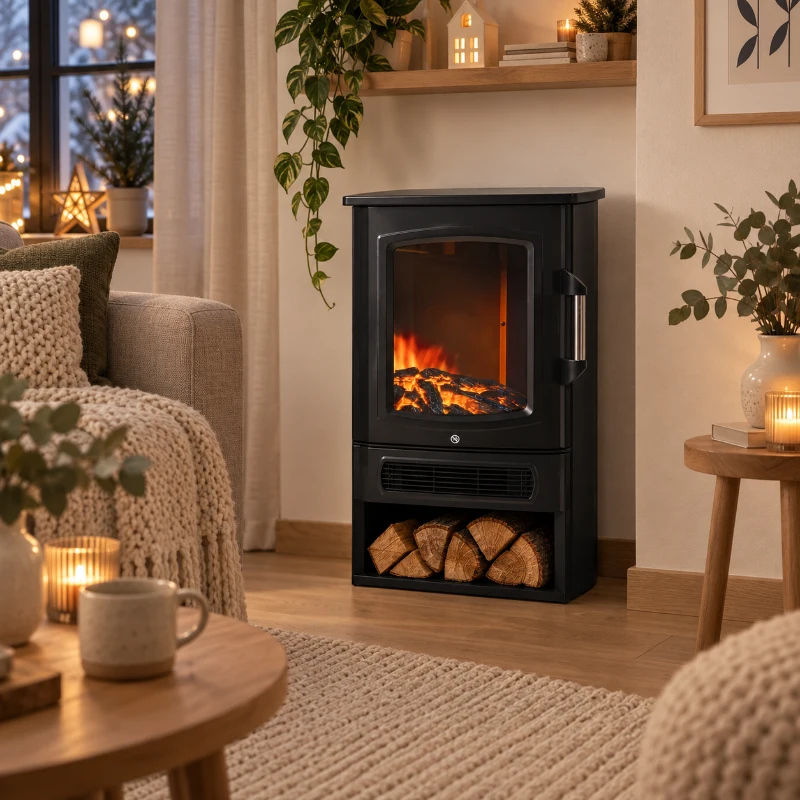 HOMCOM Elektrische kachel met vlameffect thermostaat 1000 W / 2000 W 20 ㎡ zwart metaal 25 x 25,4 x 52 cm(m-12)