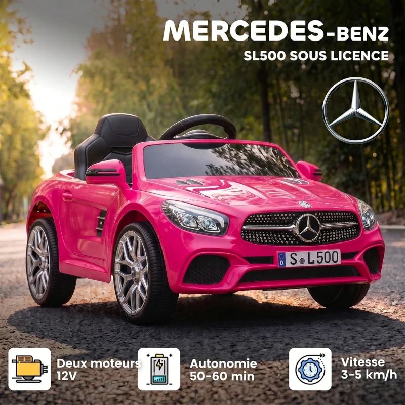 AIYAPLAY Voiture Électrique Enfants 12V Mercedes-Benz SL500, 3-5 km/h, 2 Moteurs, Télécommande 2,4G, pour 3-5 Ans, Rose