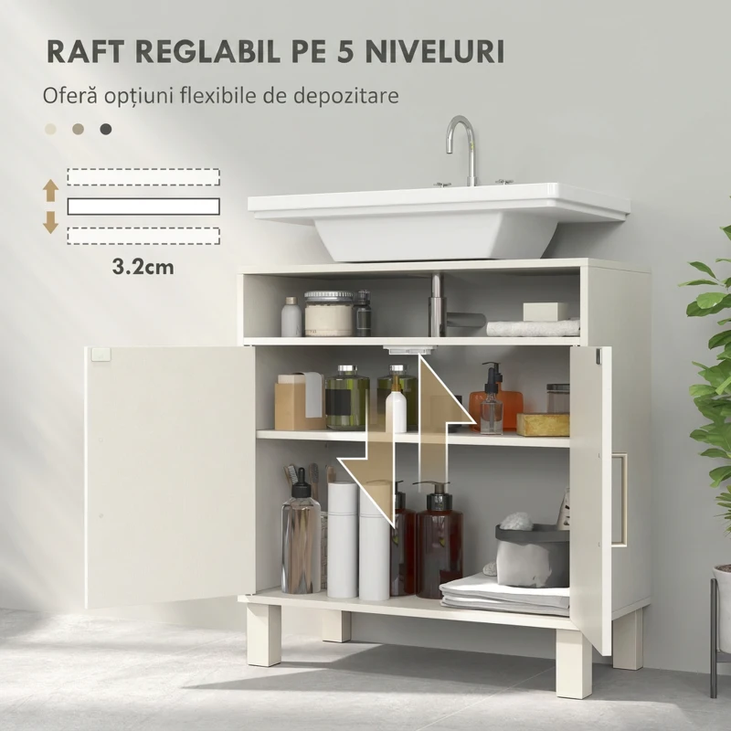 HOMCOM Dulap sub lavoar pentru baie, cu 2 uși arcuite încastrate, raft reglabil, pentru lavoare fără piedestal, crem