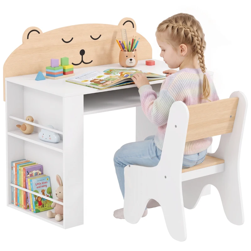 AIYAPLAY Bureau et Chaise pour Enfant 2 Pièces, Ensemble Table d'Activité avec Bibliothèque pour Dessin, Lecture et Jeux, Blanc