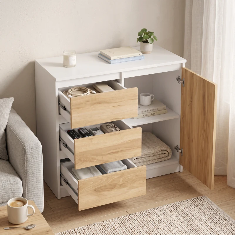 HOMCOM Petit buffet de salon avec porte et 3 tiroirs 80x40x75 cm pour entrée, salle à manger, blanc et naturel