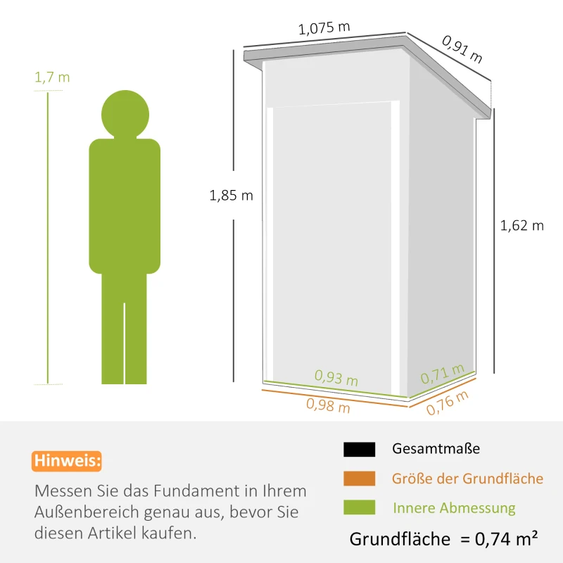 Outsunny Metall Gerätehaus 0,74 m² Geräteschuppen mit Pultdach Lüftungsöffnungen Abschließbarer Tür 107,5 x 91 x 185 cm