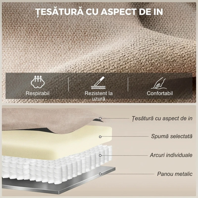 HOMCOM Fotoliu Rabatabil Manual cu Perne Groase, Mânere Căptușite și Suport pentru Picioare, Bej