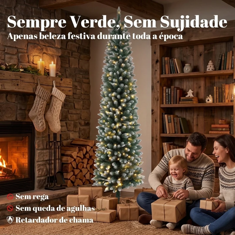HOMCOM Árvore de Natal Estreita Pré-iluminada 180 cm, LEDs de Dupla Cor, Efeito Nevado, Comando, 11 Modos, 351 Pontas, 170 LEDs, Verde/Branco