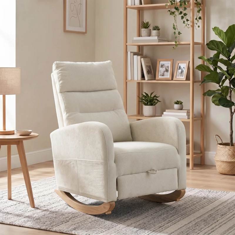 HOMCOM Upholstered Rocking Chair Retractable Footrest Rocker Chair High Back for Living Room Cream White