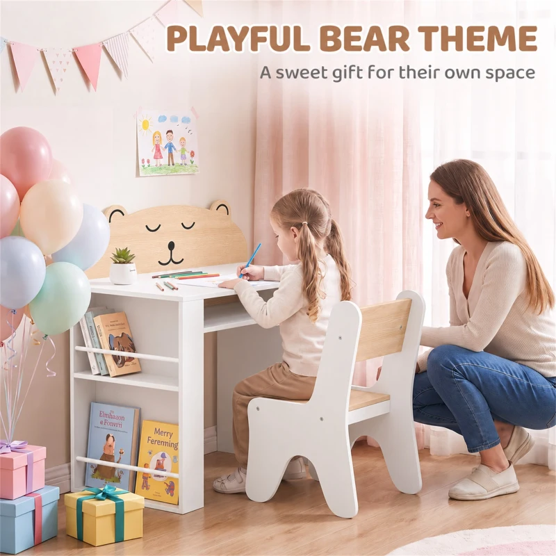 AIYAPLAY Bureau et Chaise pour Enfant 2 Pièces, Ensemble Table d'Activité avec Bibliothèque pour Dessin, Lecture et Jeux, Blanc