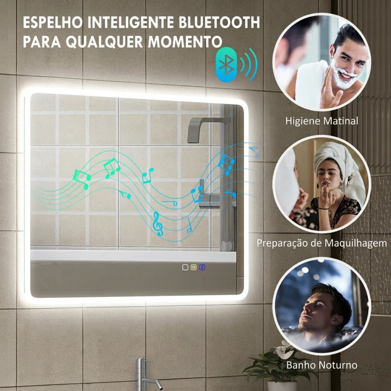 HOMCOM Espelho LED para Casa de Banho 90x70 cm com Bluetooth, 3 Tons de Luz, Antiembaciamento, Memória e IP44
