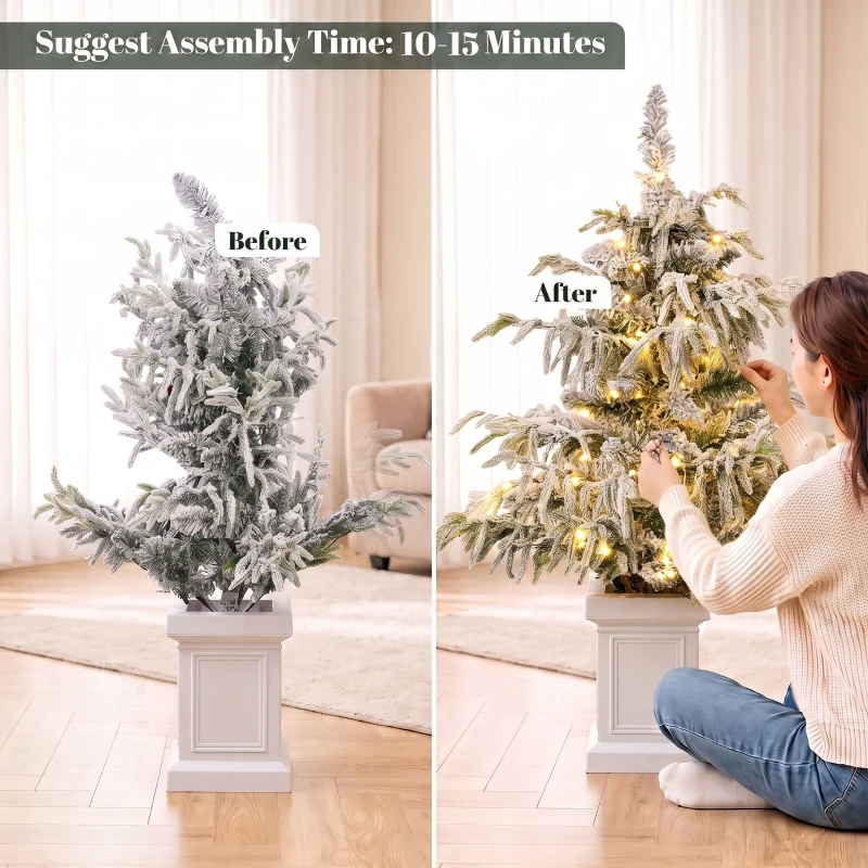 HOMCOM 3ft Prelit Flocked Christmas Tree, Artificial Snow Flocked Spruce with 100 Warm White LED Lights, 8 Modes, Green