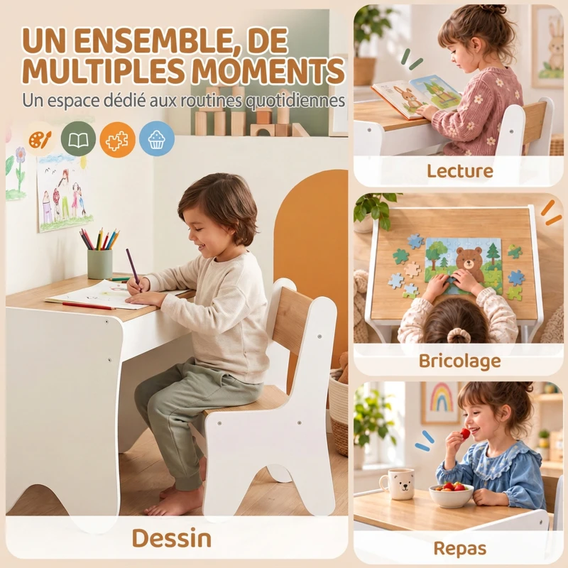 AIYAPLAY Bureau et Chaise pour Enfant 2 Pièces, Ensemble Table d'Activité avec Tiroir, 3 à 8 Ans, Blanc et Bois Naturel