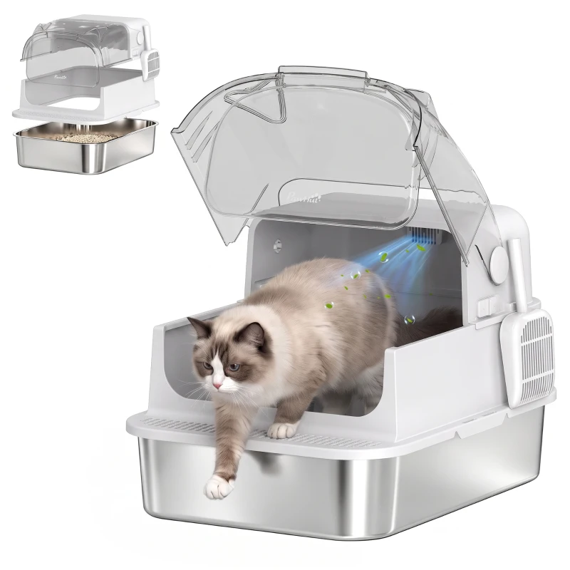 PawHut Bac à Litière pour Chat en Acier Inox avec Couvercle 3 en 1 Bords Hauts Pelle et Sacs Anti-Odeur XL 70x50x46cm Blanc