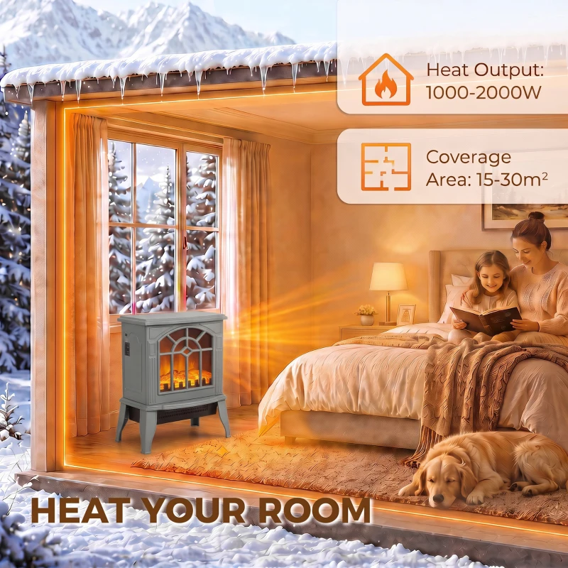 HOMCOM Freestanding Electric Fireplace, Electric Log Burner w/ LED Flame Effect, Overheating Safety System, 1000W/2000W, Grey
