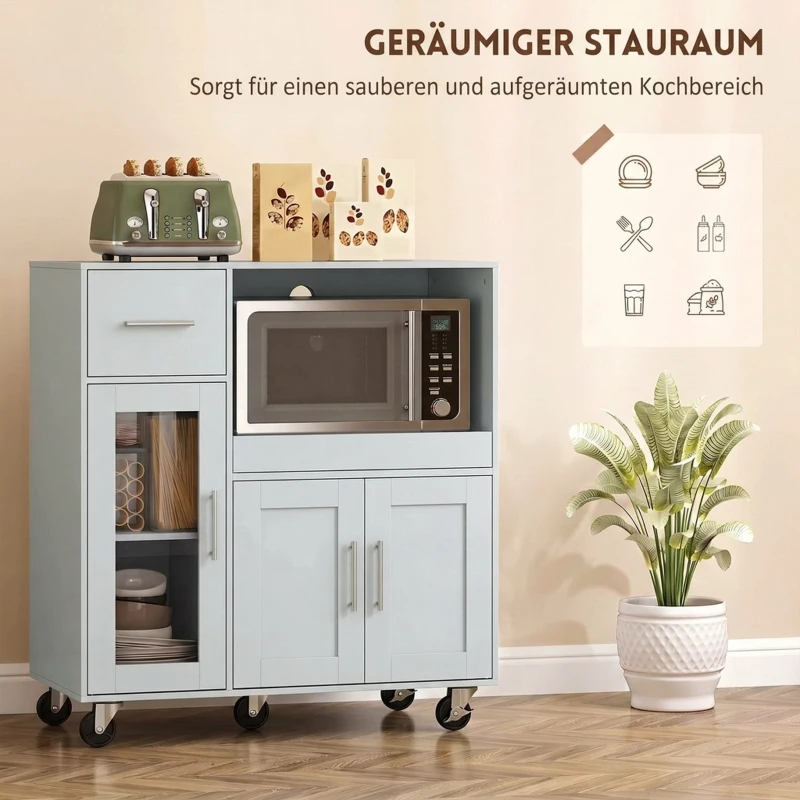 HOMCOM Küchenschrank auf Rädern, Mobile Küchenkommode mit Ablagen, Schubladen, verstellbarem Regal, Kabelloch, Grau