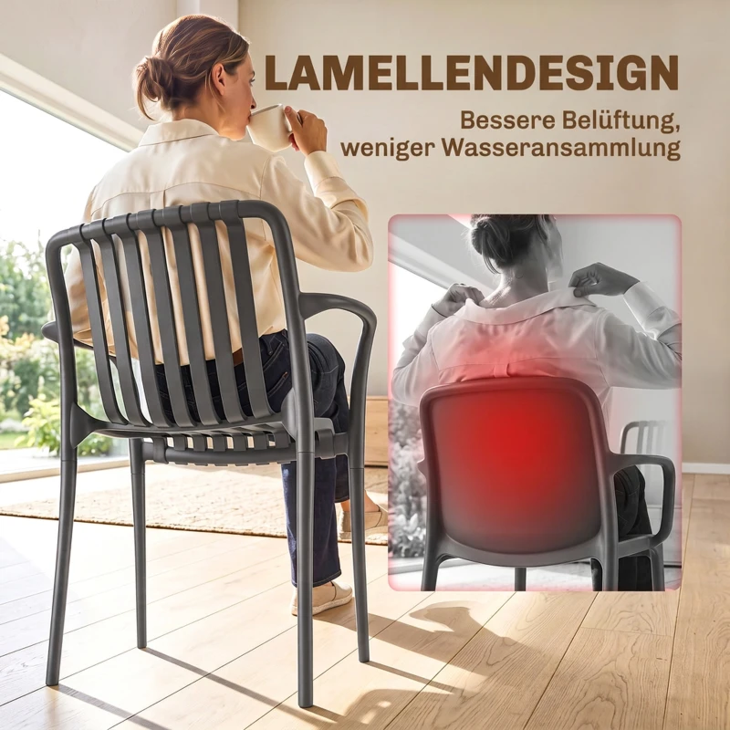 Outsunny Gartenstühle 4er Set Stapelbare Terrassenstühle mit Lamelldesign Armlehnen, Ergonomisch Dunkelgrau