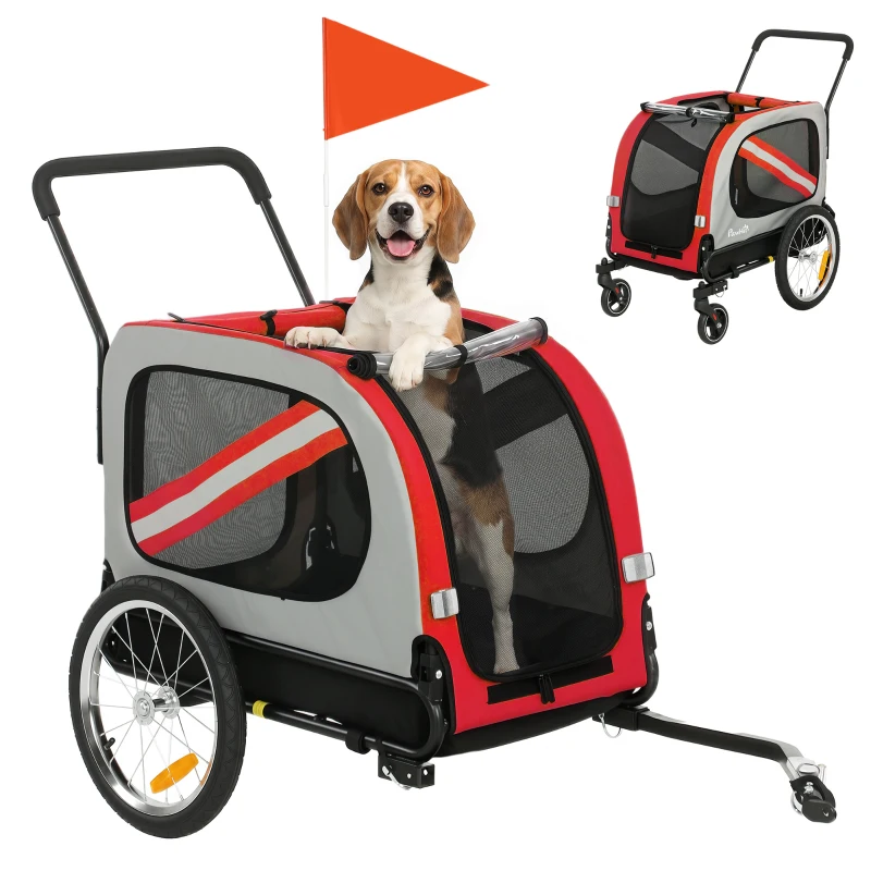 PawHut 2-In-1 Dog Bike Trailer Pet Stroller with Universal Wheel Reflector Flag Red