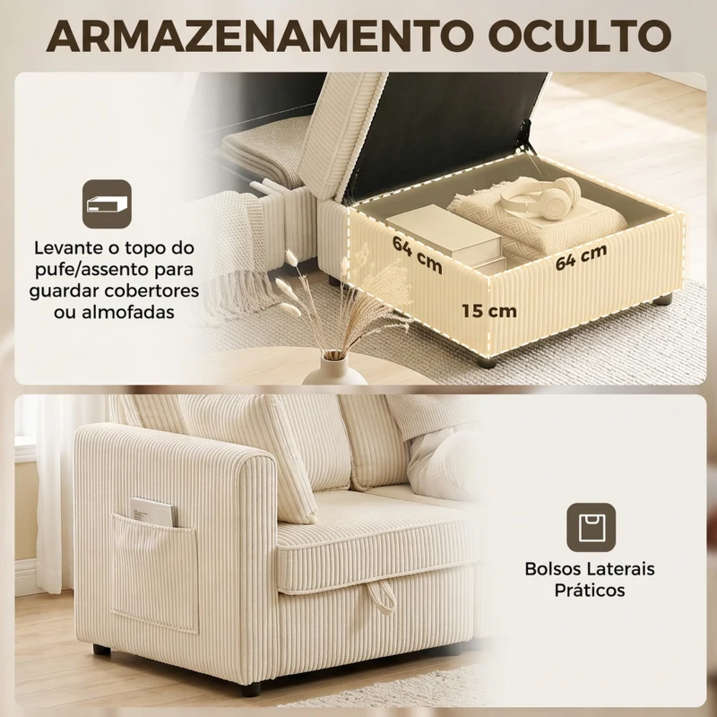 HOMCOM Sofá modular em L de 235 cm com arrumação e ottoman em bombazina, creme