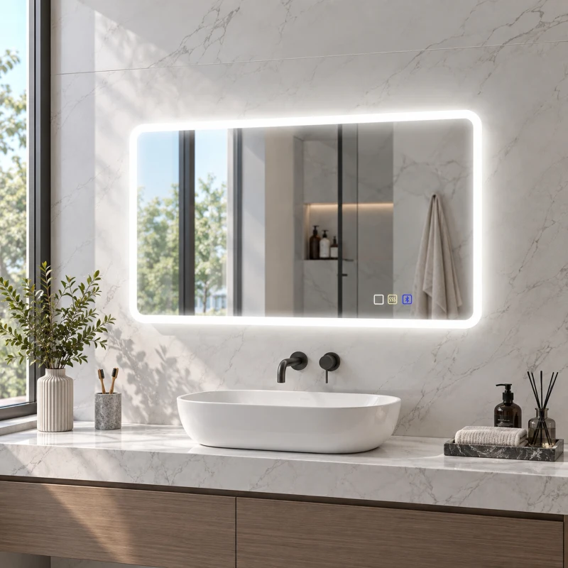 HOMCOM Oglindă de baie LED bluetooth 70 x 90 cm interruptor tactil lumină reglabilă 3 culori anti-abur memorie argintiu