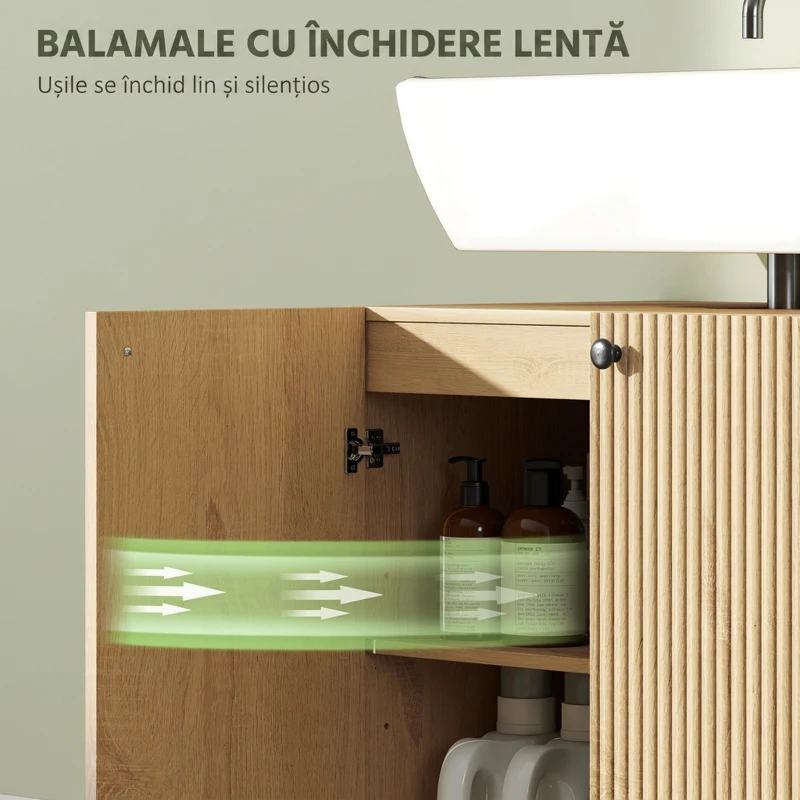 HOMCOM Dulap sub lavoar pentru baie, 2 uși soft-close, poliță reglabilă, pentru lavoare fără coloană, stejar