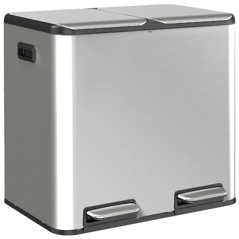 HOMCOM 2 x 20L Double Kitchen Bin, Stainless Steel Pedal Rubbish Bin with Dual Compartments, Soft Close Lids, Silver Tone