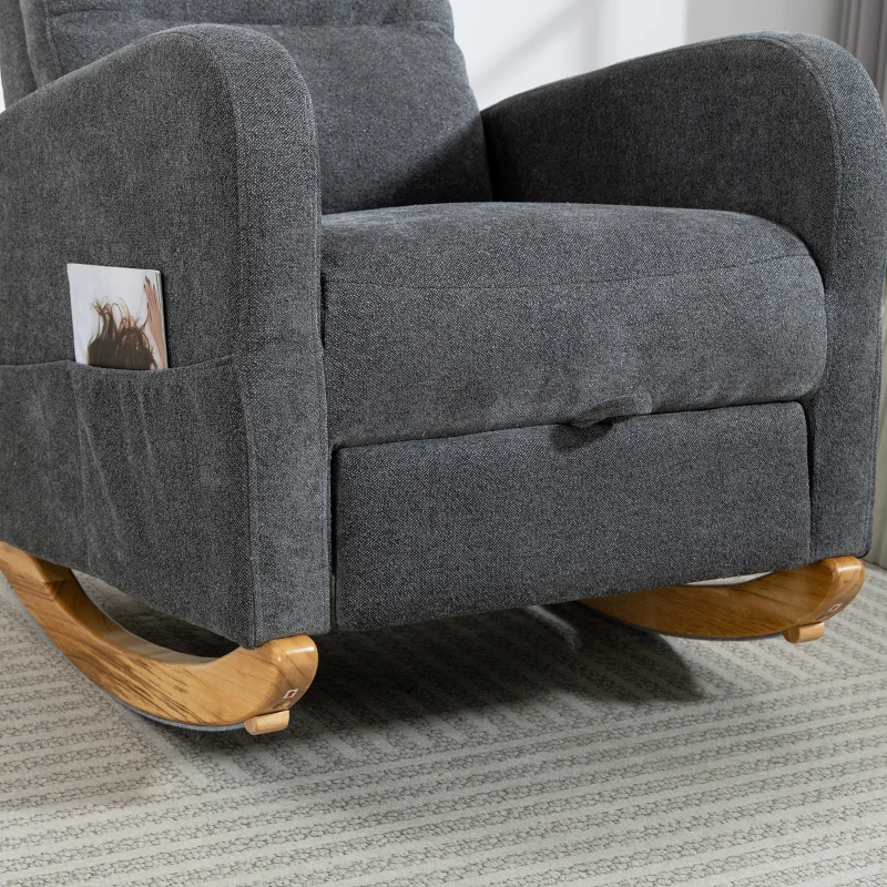 HOMCOM Upholstered Rocking Chair Retractable Footrest Rocker Chair High Back for Living Room Grey