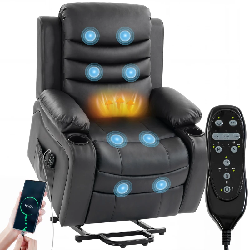 HOMCOM Fauteuil Relax Inclinable Électrique Releve-personne avec Massage Vibratoire et Chaleur Port USB Télécommande Noir
