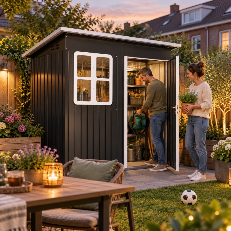 Outsunny Tuinschuur, tuinhuis met raam, afsluitbare deur, voor tuin, terras, staal, 221L x 133B x 190H cm, grijs(m-2)