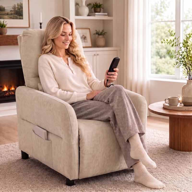 HOMCOM Relaxsessel mit Massage & Wärme, Liegefunktion, 2 Seitentaschen und ausziehbarer Fußstütze, Beige