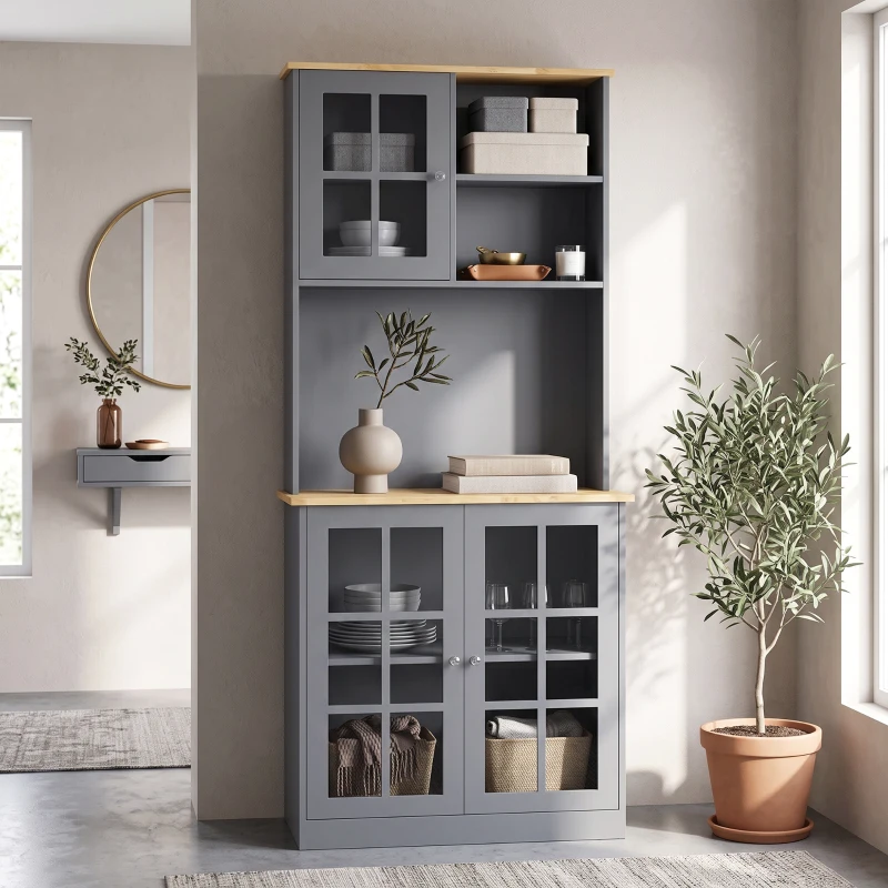 HOMCOM Kitchen Pantry, Buffet Hutch with 3 Storage Cabinets, 2 Open Shelves and Large Countertop for Kitchen, Grey