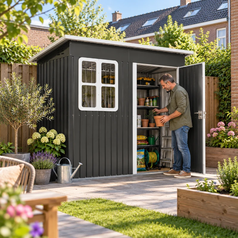 Outsunny Tuinschuur, tuinhuis met raam, afsluitbare deur, voor tuin, terras, staal, 221L x 133B x 190H cm, grijs(m-12)