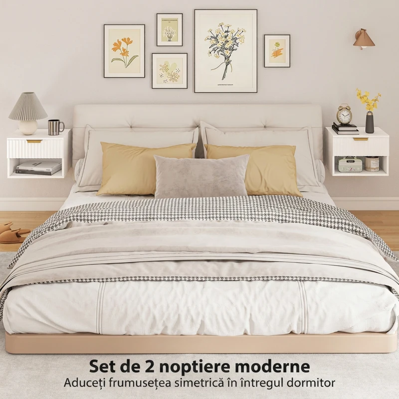 HOMCOM Set de 2 Noptiere Suspendate cu Panouri Canelate, Sertar și Raft, 40x34x29 cm, Alb