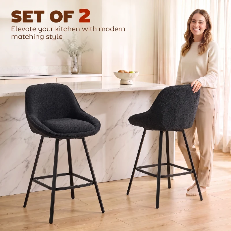 HOMCOM Bar Stools Set of 2, 64 cm Modern Linen-Touch Fabric 360° Swivel Counter Height Bar Chairs, Black