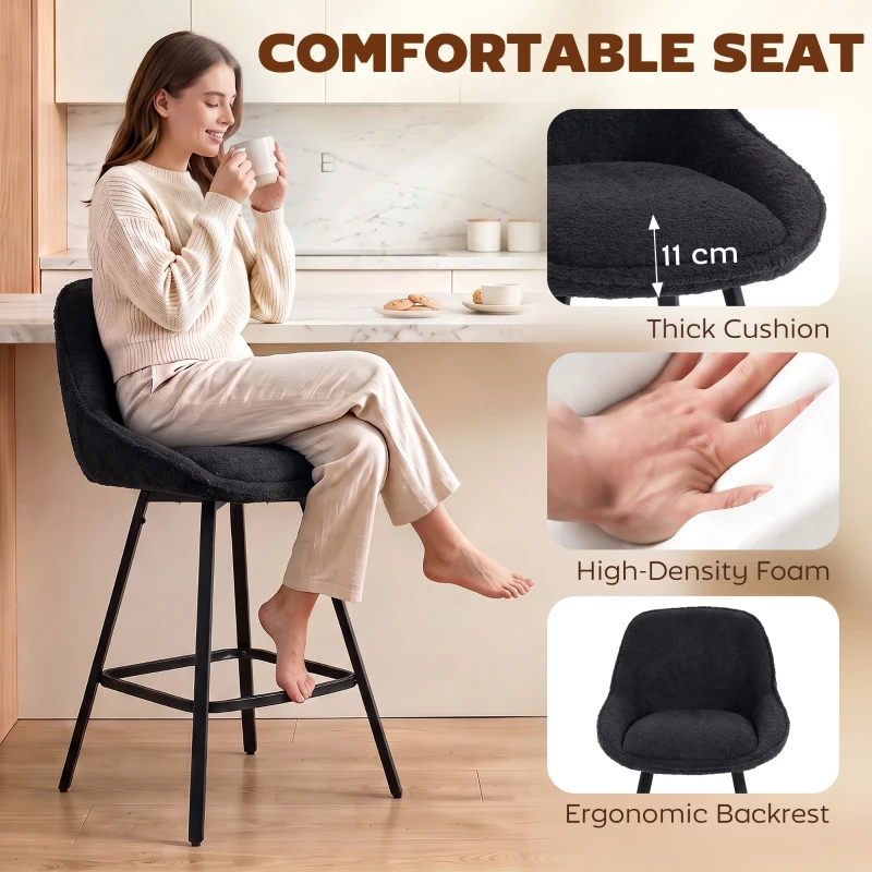 HOMCOM Bar Stools Set of 2, 64 cm Modern Linen-Touch Fabric 360° Swivel Counter Height Bar Chairs, Black
