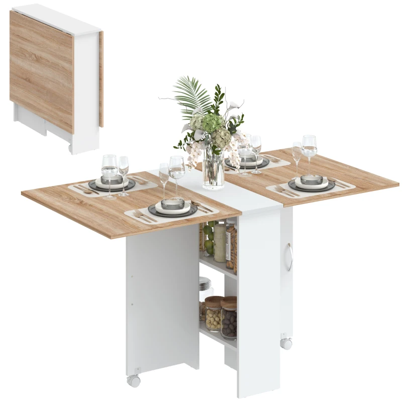 HOMCOM Folding Dining Table, Drop Leaf Table with 2-Tier Shelves, Rolling Casters, White and Natural