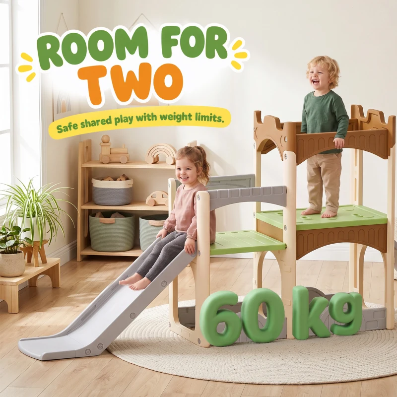 AIYAPLAY 5 in 1 Kids Indoor Playset Toddler Slide with Climbing Wall Storage Space Dual Platforms Indoor Playground for 3-6 Years
