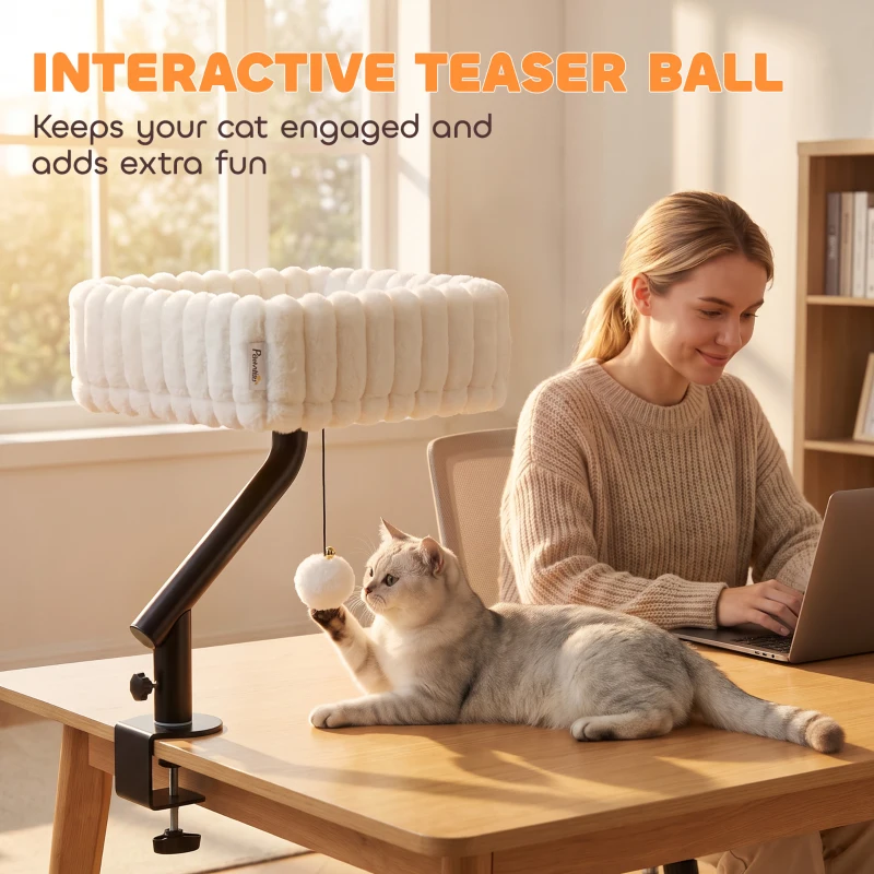 PawHut Cat Desk Bed, Rotatable Raised Cat House for Desk, Window, Soft Kitten Hammock with Hanging Ball, White