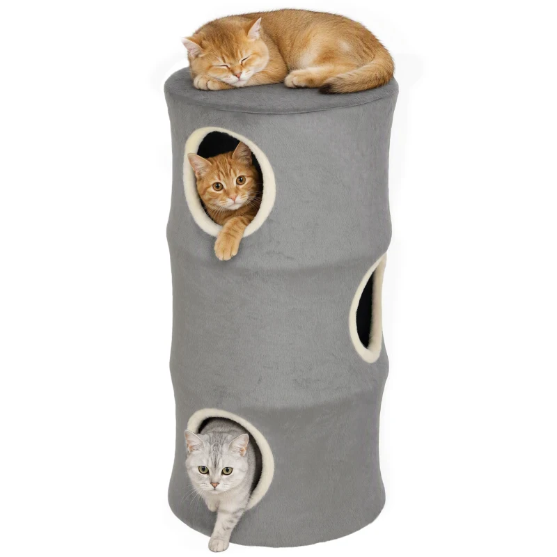 PawHut Cat House for Indoor Kittens, Cat Condo with Removable Washable Cover, Modern Barrel-Shaped Kitty Cave Bed