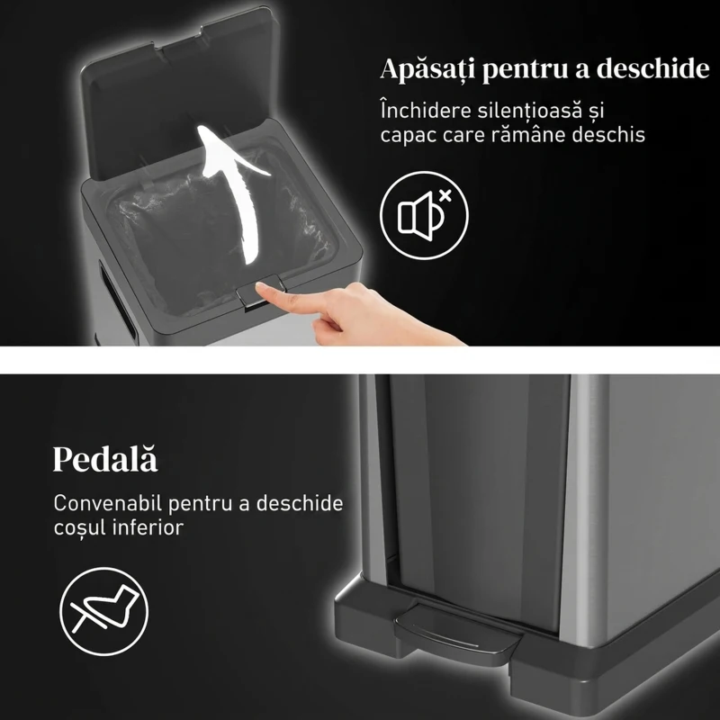 HOMCOM Coș de gunoi pentru colectare selectivă, 2 compartimente 20+14 L, cu recipiente interioare detașabile, din oțel inoxidabil și PP, argintiu
