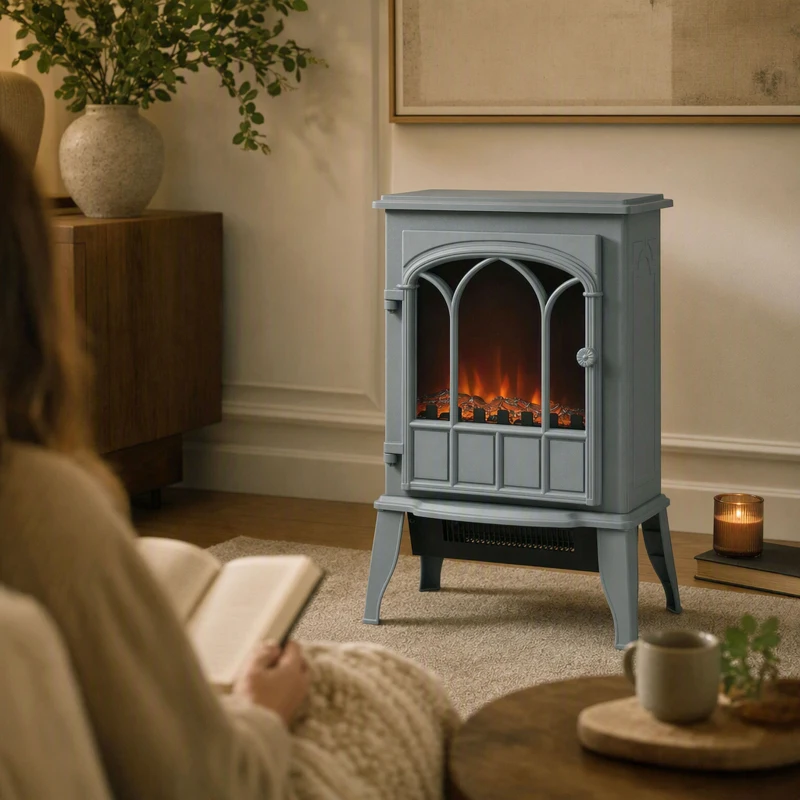 HOMCOM Freestanding Electric Fireplace, Electric Log Burner with LED Flame Effect, Overheating Safety System, 1000W/2000W Grey